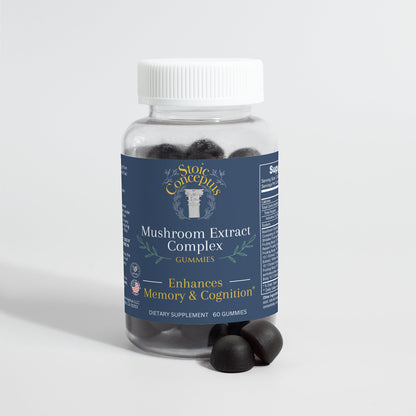 Mushroom Supplement, Front of bottle with gummy